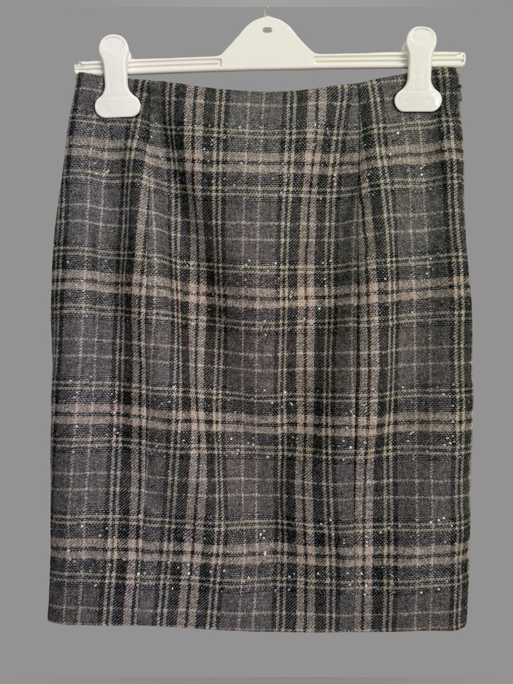 ETCETERA Gray Plaid Sequin Wool Blend Pencil Skirt US0